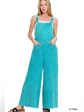 🩷Zenana Turquoise WASHED DOUBLE GAUZE ELASTIC WAIST WIDE LEG OVERALLS